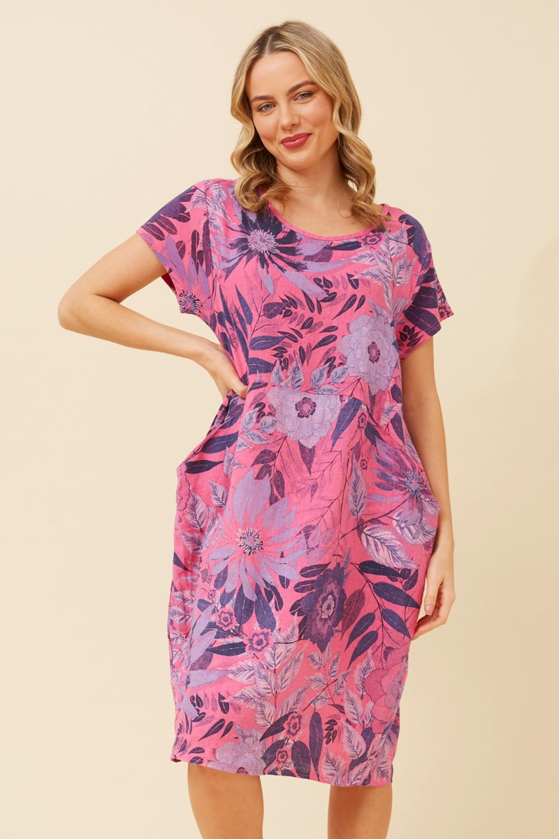 BOTTEGA MODA_FOREST DRESS LINEN WILDFLOWER FUCHSIA _ FOREST DRESS LINEN WILDFLOWER FUCHSIA _ Ebony Boutique NZ