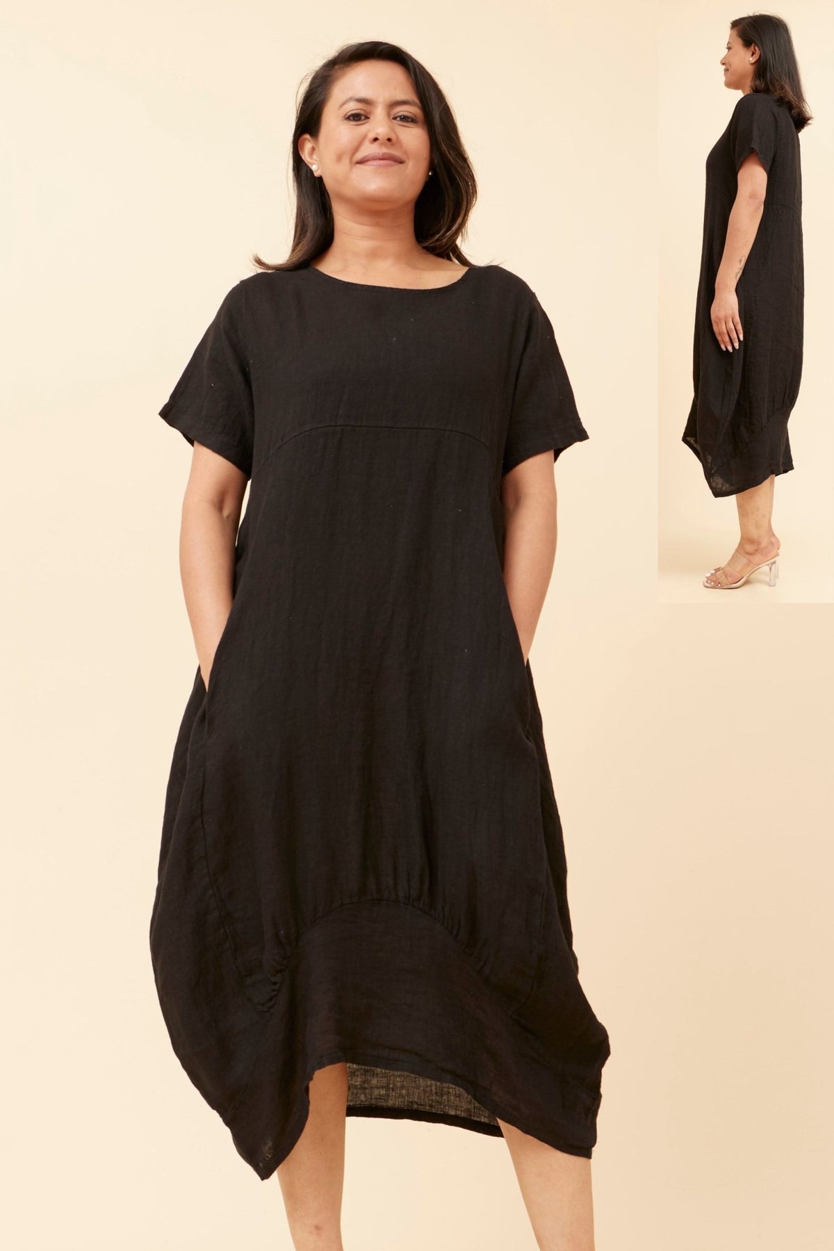 BOTTEGA MODA_LINEN MID SLEEVE MAXI DRESS BLACK _ LINEN MID SLEEVE MAXI DRESS BLACK _ Ebony Boutique NZ