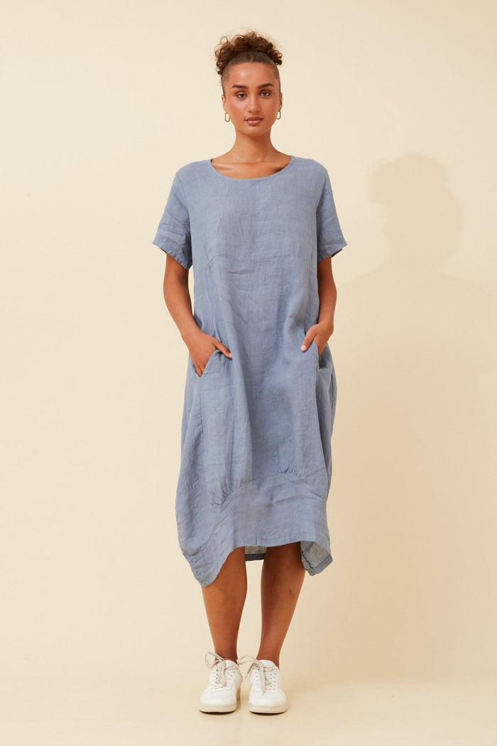 BOTTEGA MODA_LINEN MID SLEEVE MAXI DRESS DENIM _ LINEN MID SLEEVE MAXI DRESS DENIM _ Ebony Boutique NZ