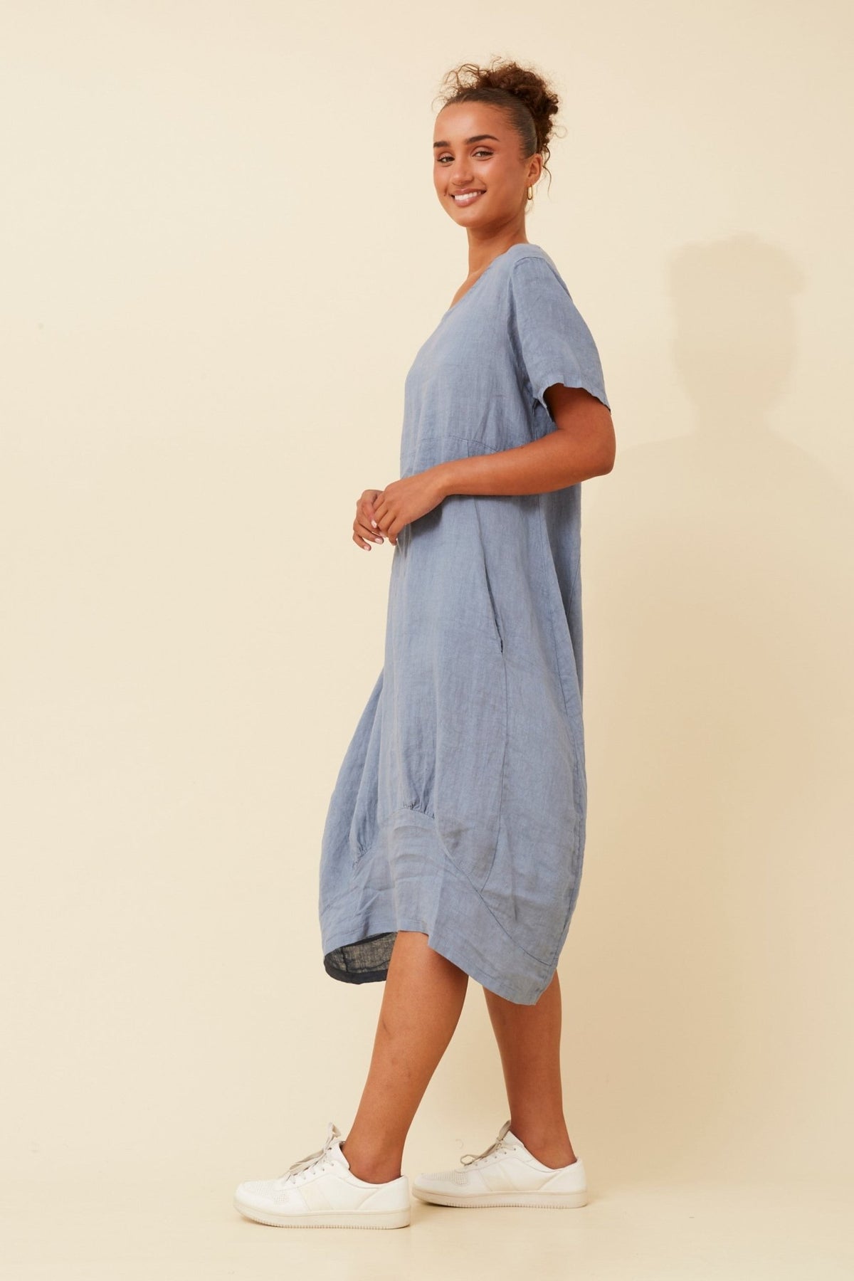 BOTTEGA MODA_LINEN MID SLEEVE MAXI DRESS DENIM _ LINEN MID SLEEVE MAXI DRESS DENIM _ Ebony Boutique NZ