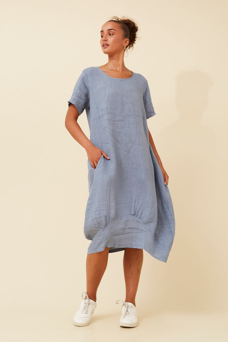 BOTTEGA MODA_LINEN MID SLEEVE MAXI DRESS DENIM _ LINEN MID SLEEVE MAXI DRESS DENIM _ Ebony Boutique NZ