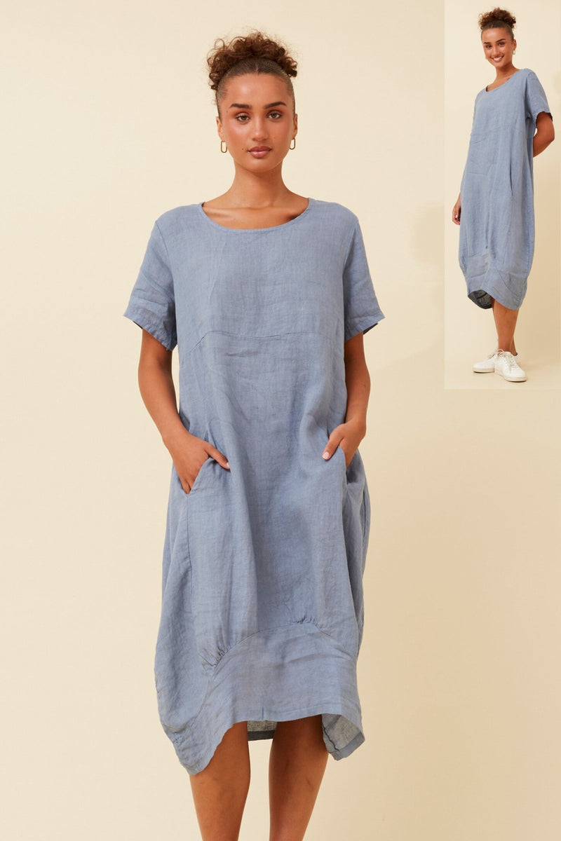 BOTTEGA MODA_LINEN MID SLEEVE MAXI DRESS DENIM _ LINEN MID SLEEVE MAXI DRESS DENIM _ Ebony Boutique NZ