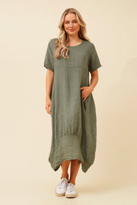 BOTTEGA MODA_LINEN MID SLEEVE MAXI DRESS KHAKI _ LINEN MID SLEEVE MAXI DRESS KHAKI _ Ebony Boutique NZ