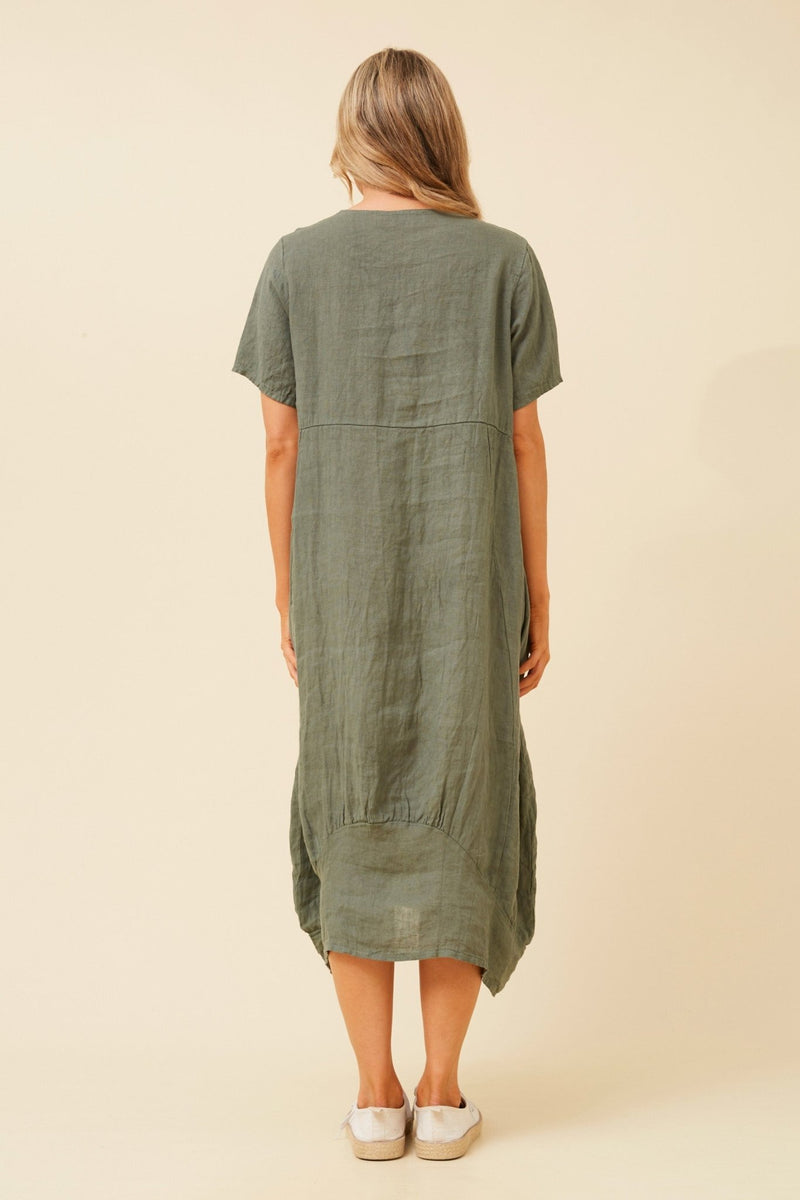 BOTTEGA MODA_LINEN MID SLEEVE MAXI DRESS KHAKI _ LINEN MID SLEEVE MAXI DRESS KHAKI _ Ebony Boutique NZ