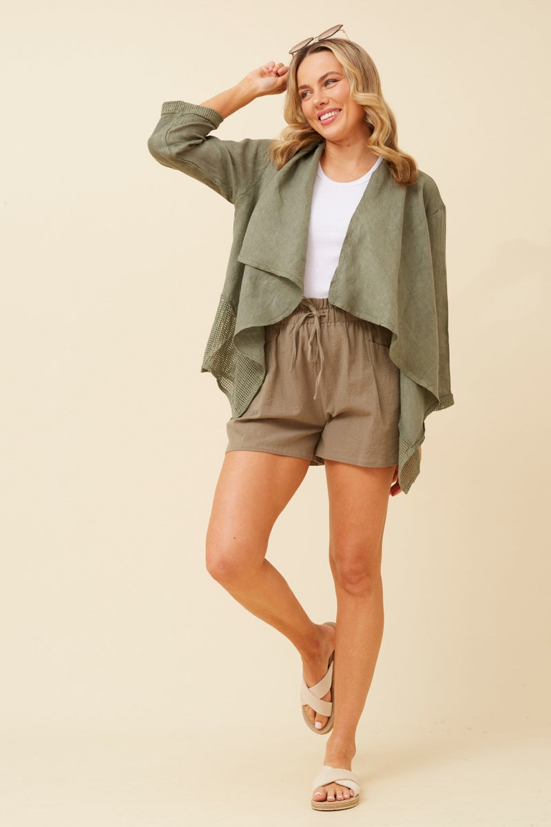 BOTTEGA MODA_LINEN OPEN EDGE JACKET KHAKI _ LINEN OPEN EDGE JACKET KHAKI _ Ebony Boutique NZ