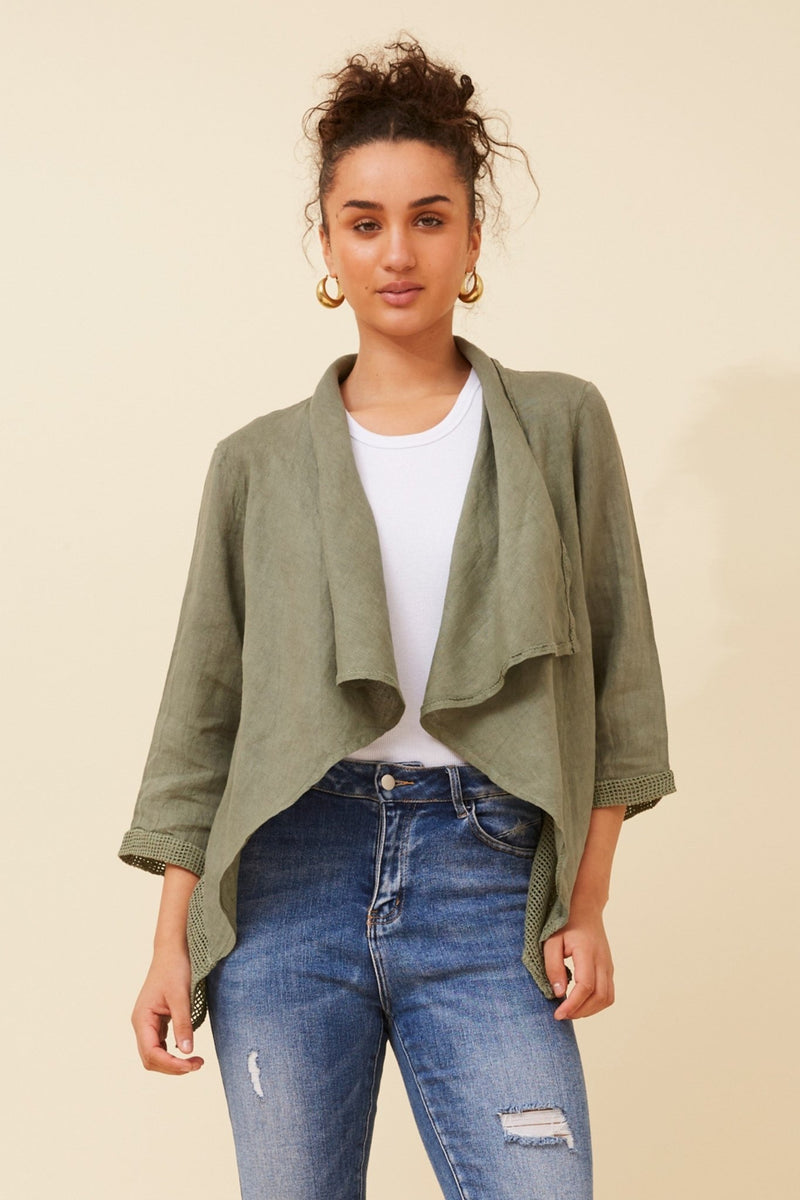 BOTTEGA MODA_LINEN OPEN EDGE JACKET KHAKI _ LINEN OPEN EDGE JACKET KHAKI _ Ebony Boutique NZ