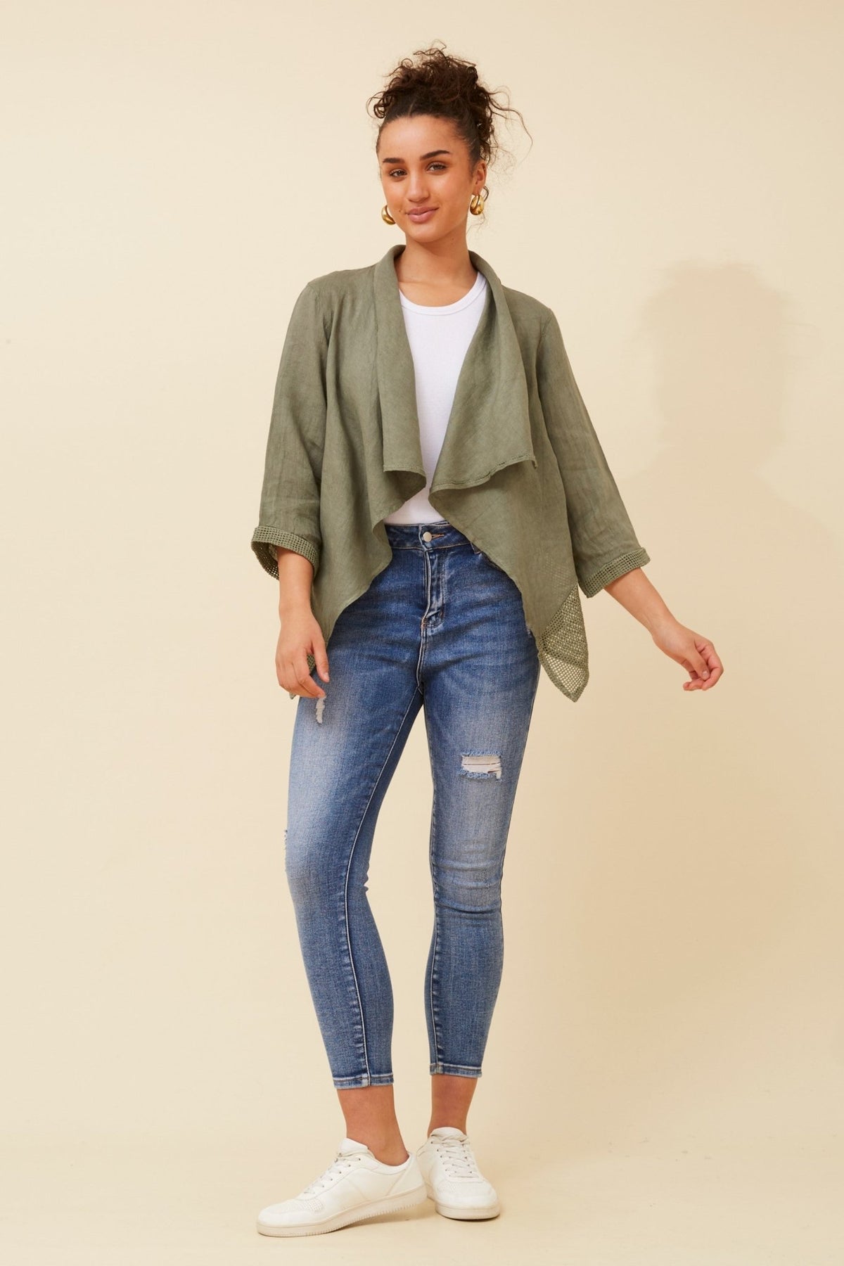 BOTTEGA MODA_LINEN OPEN EDGE JACKET KHAKI _ LINEN OPEN EDGE JACKET KHAKI _ Ebony Boutique NZ