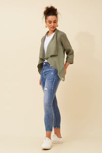 BOTTEGA MODA_LINEN OPEN EDGE JACKET KHAKI _ LINEN OPEN EDGE JACKET KHAKI _ Ebony Boutique NZ