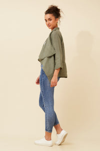 BOTTEGA MODA_LINEN OPEN EDGE JACKET KHAKI _ LINEN OPEN EDGE JACKET KHAKI _ Ebony Boutique NZ