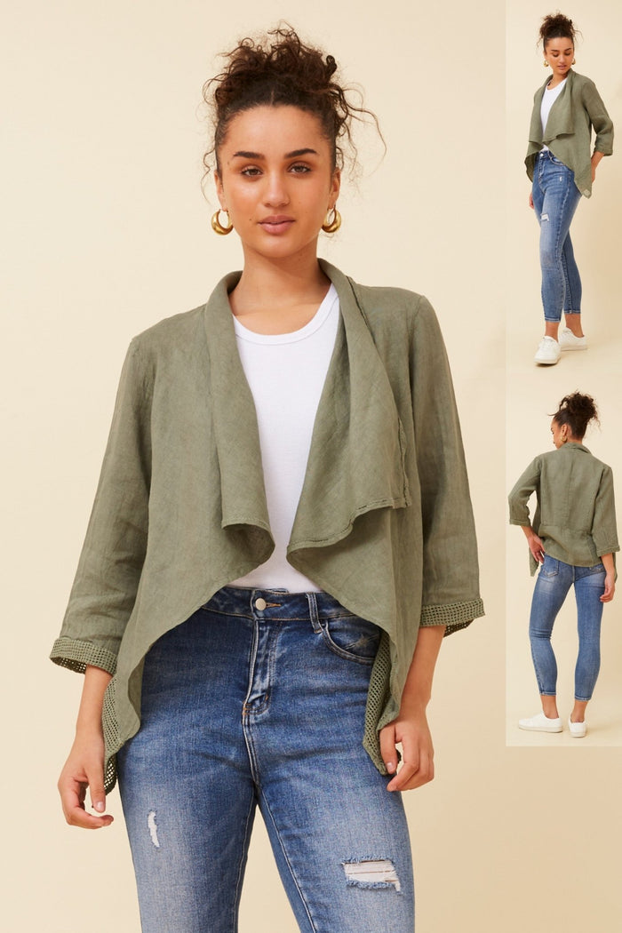 BOTTEGA MODA_LINEN OPEN EDGE JACKET KHAKI _ LINEN OPEN EDGE JACKET KHAKI _ Ebony Boutique NZ