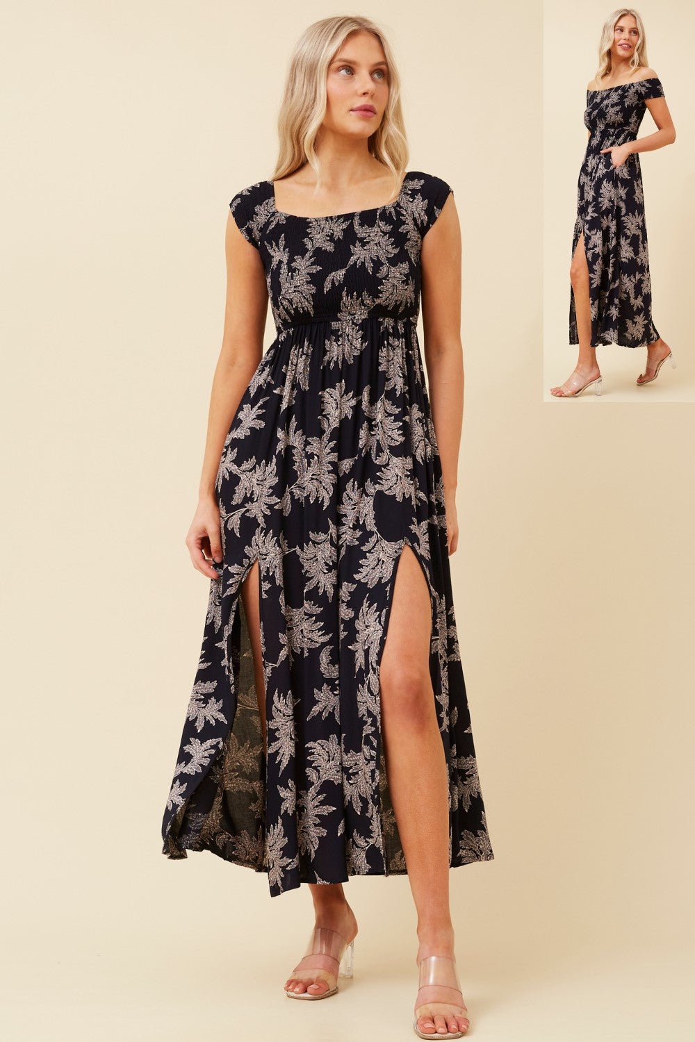 BOTTEGA MODA_NAVY FLORAL DRESS WITH FRONT SPLITS _ NAVY FLORAL DRESS WITH FRONT SPLITS _ Ebony Boutique NZ