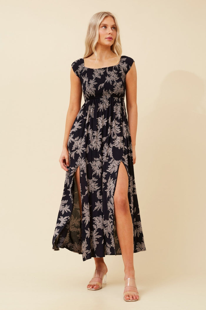 BOTTEGA MODA_NAVY FLORAL DRESS WITH FRONT SPLITS _ NAVY FLORAL DRESS WITH FRONT SPLITS _ Ebony Boutique NZ