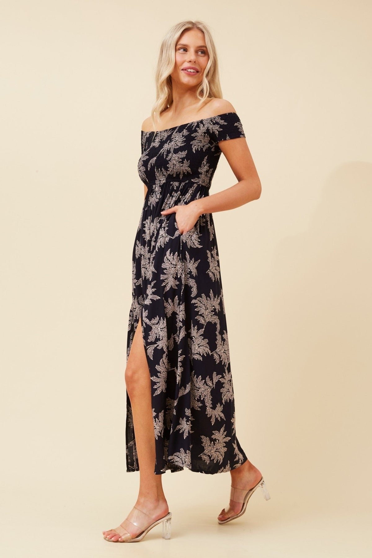 BOTTEGA MODA_NAVY FLORAL DRESS WITH FRONT SPLITS _ NAVY FLORAL DRESS WITH FRONT SPLITS _ Ebony Boutique NZ