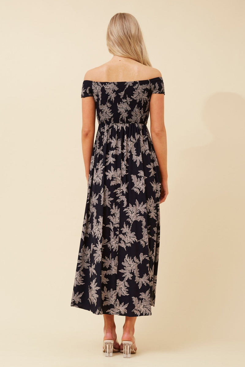 BOTTEGA MODA_NAVY FLORAL DRESS WITH FRONT SPLITS _ NAVY FLORAL DRESS WITH FRONT SPLITS _ Ebony Boutique NZ