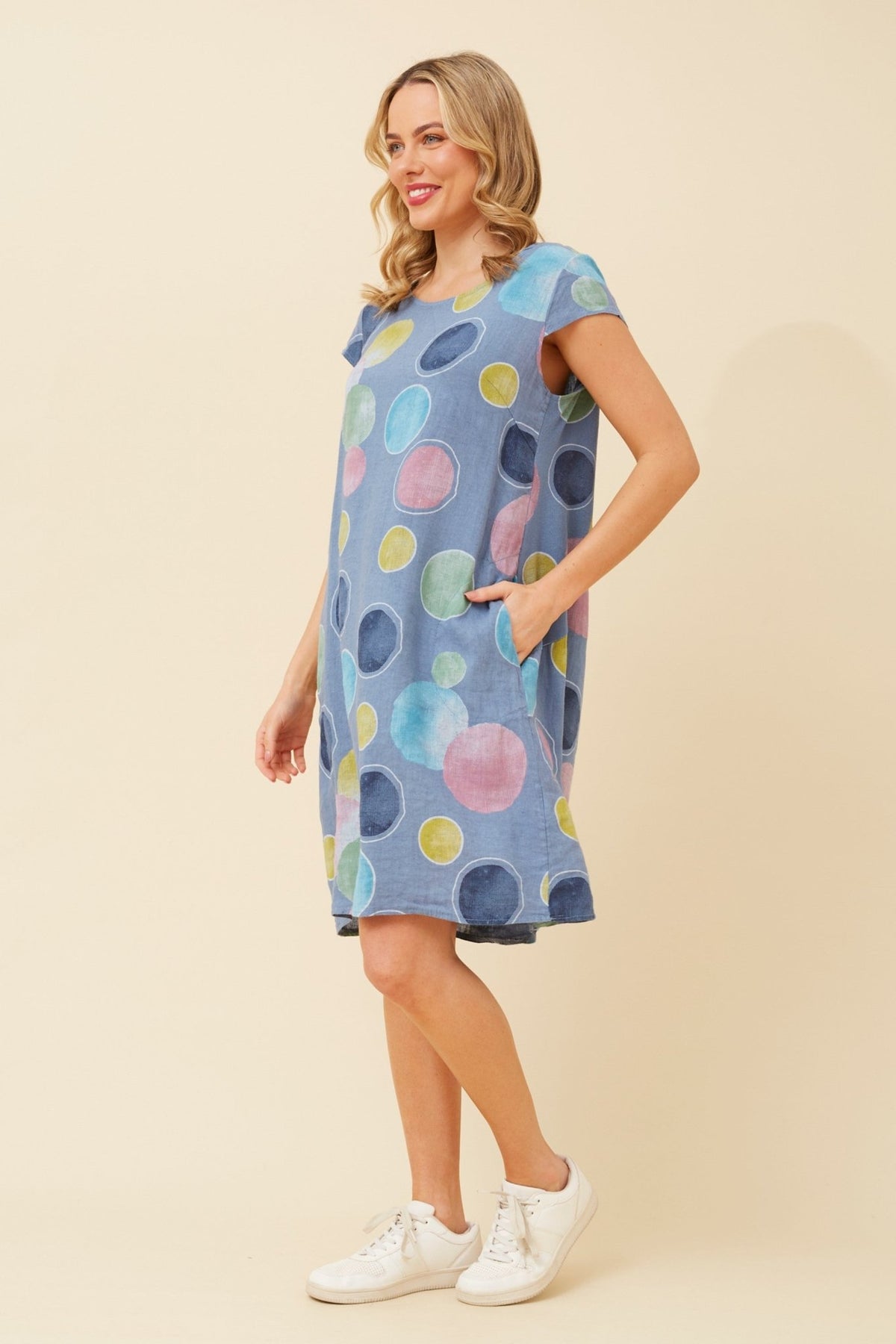 BOTTEGA MODA_ONASSIS DRESS LINEN BUBBLE SPOT DENIM MULTI _ ONASSIS DRESS LINEN BUBBLE SPOT DENIM MULTI _ Ebony Boutique NZ