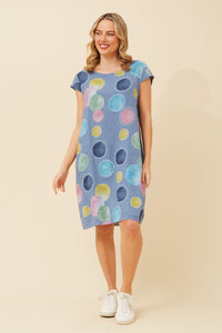 BOTTEGA MODA_ONASSIS DRESS LINEN BUBBLE SPOT DENIM MULTI _ ONASSIS DRESS LINEN BUBBLE SPOT DENIM MULTI _ Ebony Boutique NZ