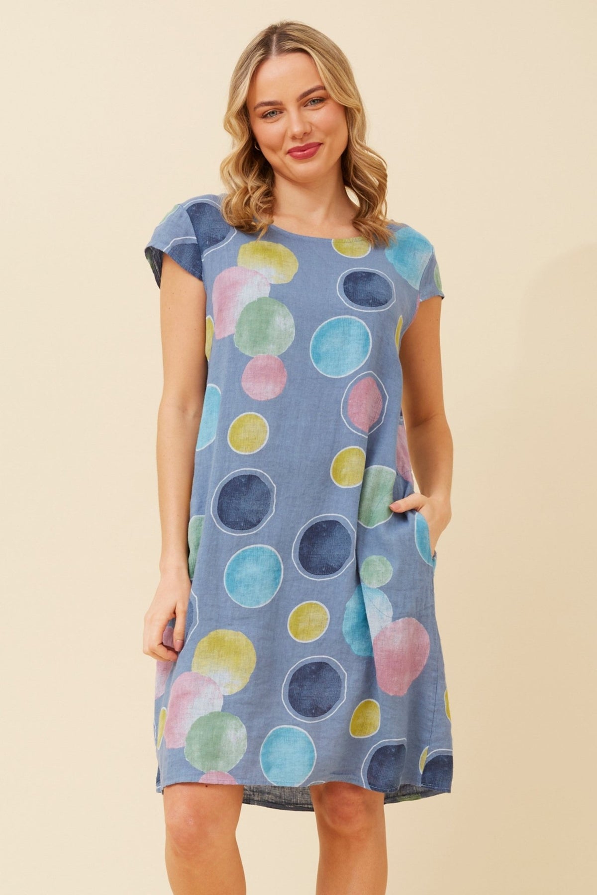 BOTTEGA MODA_ONASSIS DRESS LINEN BUBBLE SPOT DENIM MULTI _ ONASSIS DRESS LINEN BUBBLE SPOT DENIM MULTI _ Ebony Boutique NZ