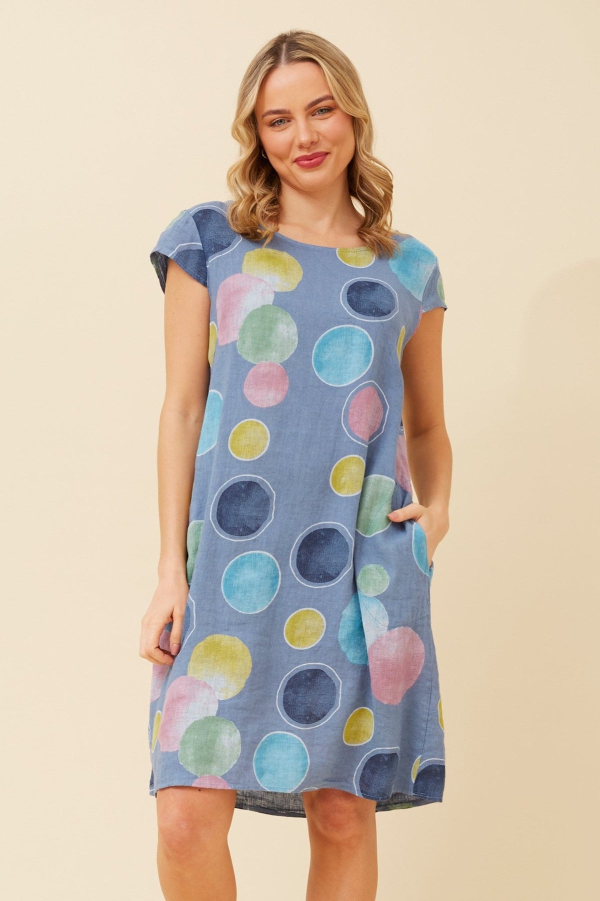 BOTTEGA MODA_ONASSIS DRESS LINEN BUBBLE SPOT DENIM MULTI _ ONASSIS DRESS LINEN BUBBLE SPOT DENIM MULTI _ Ebony Boutique NZ