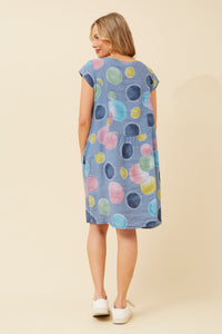 BOTTEGA MODA_ONASSIS DRESS LINEN BUBBLE SPOT DENIM MULTI _ ONASSIS DRESS LINEN BUBBLE SPOT DENIM MULTI _ Ebony Boutique NZ