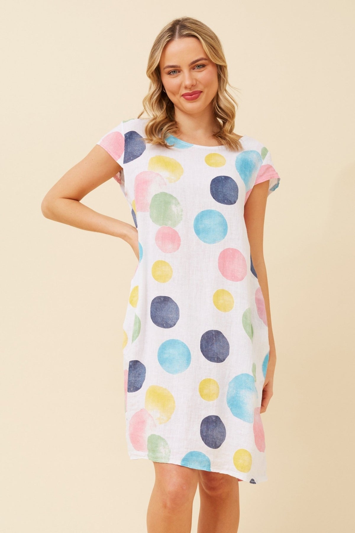 BOTTEGA MODA_ONASSIS DRESS LINEN BUBBLE SPOT WHITE MULTI _ ONASSIS DRESS LINEN BUBBLE SPOT WHITE MULTI _ Ebony Boutique NZ