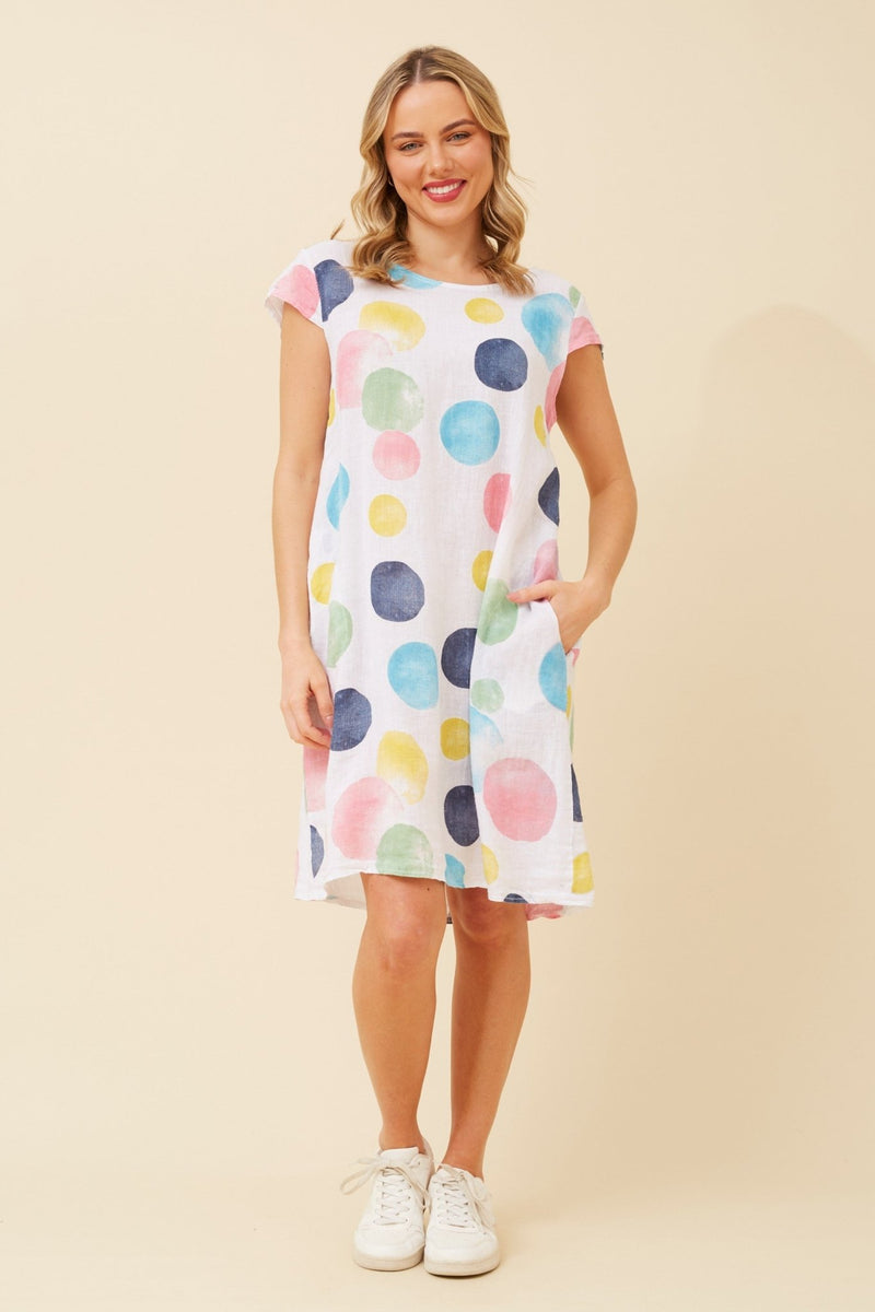 BOTTEGA MODA_ONASSIS DRESS LINEN BUBBLE SPOT WHITE MULTI _ ONASSIS DRESS LINEN BUBBLE SPOT WHITE MULTI _ Ebony Boutique NZ