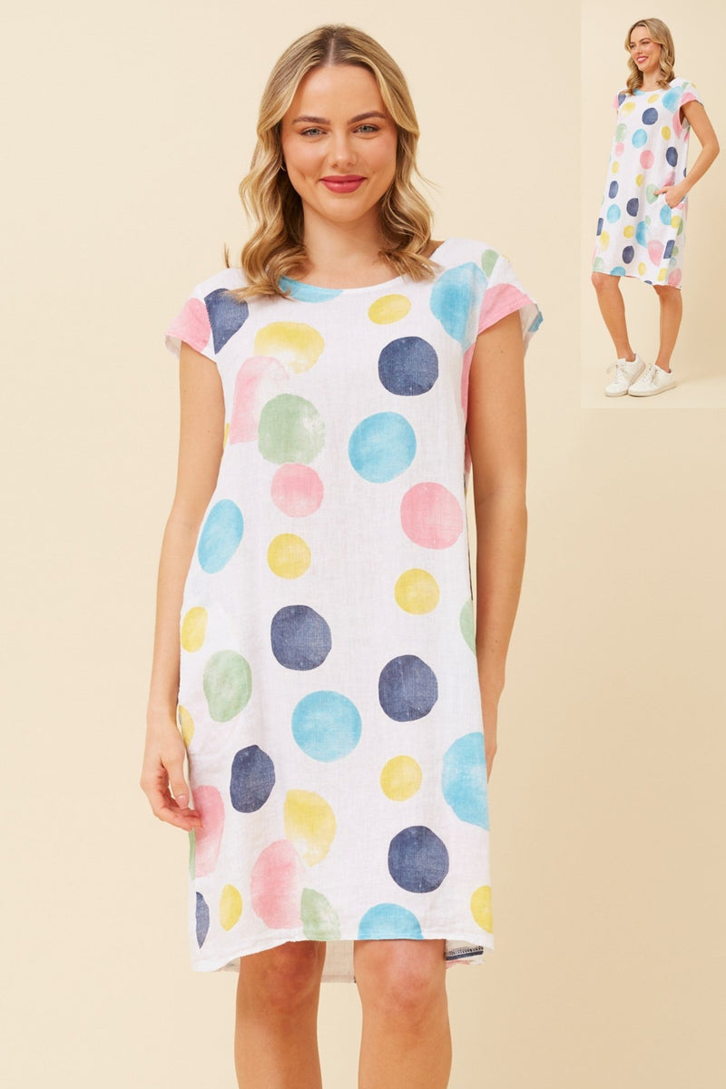 BOTTEGA MODA_ONASSIS DRESS LINEN BUBBLE SPOT WHITE MULTI _ ONASSIS DRESS LINEN BUBBLE SPOT WHITE MULTI _ Ebony Boutique NZ