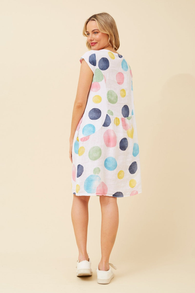 BOTTEGA MODA_ONASSIS DRESS LINEN BUBBLE SPOT WHITE MULTI _ ONASSIS DRESS LINEN BUBBLE SPOT WHITE MULTI _ Ebony Boutique NZ