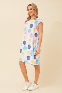 BOTTEGA MODA_ONASSIS DRESS LINEN BUBBLE SPOT WHITE MULTI _ ONASSIS DRESS LINEN BUBBLE SPOT WHITE MULTI _ Ebony Boutique NZ