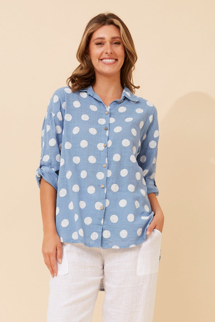 BOTTEGA MODA_POLKA DOT SHIRT BLUE/WHITE _ POLKA DOT SHIRT BLUE/WHITE _ Ebony Boutique NZ