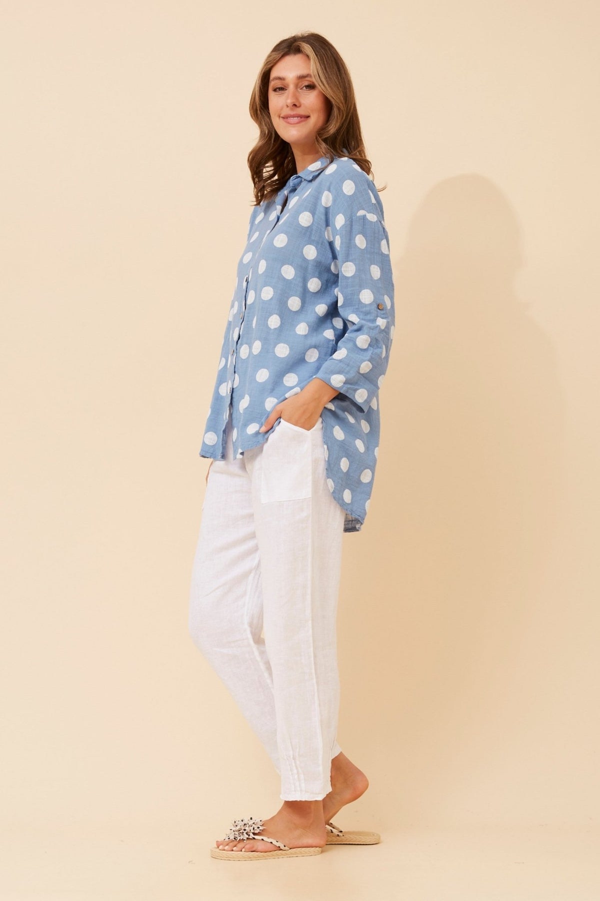 BOTTEGA MODA_POLKA DOT SHIRT BLUE/WHITE _ POLKA DOT SHIRT BLUE/WHITE _ Ebony Boutique NZ