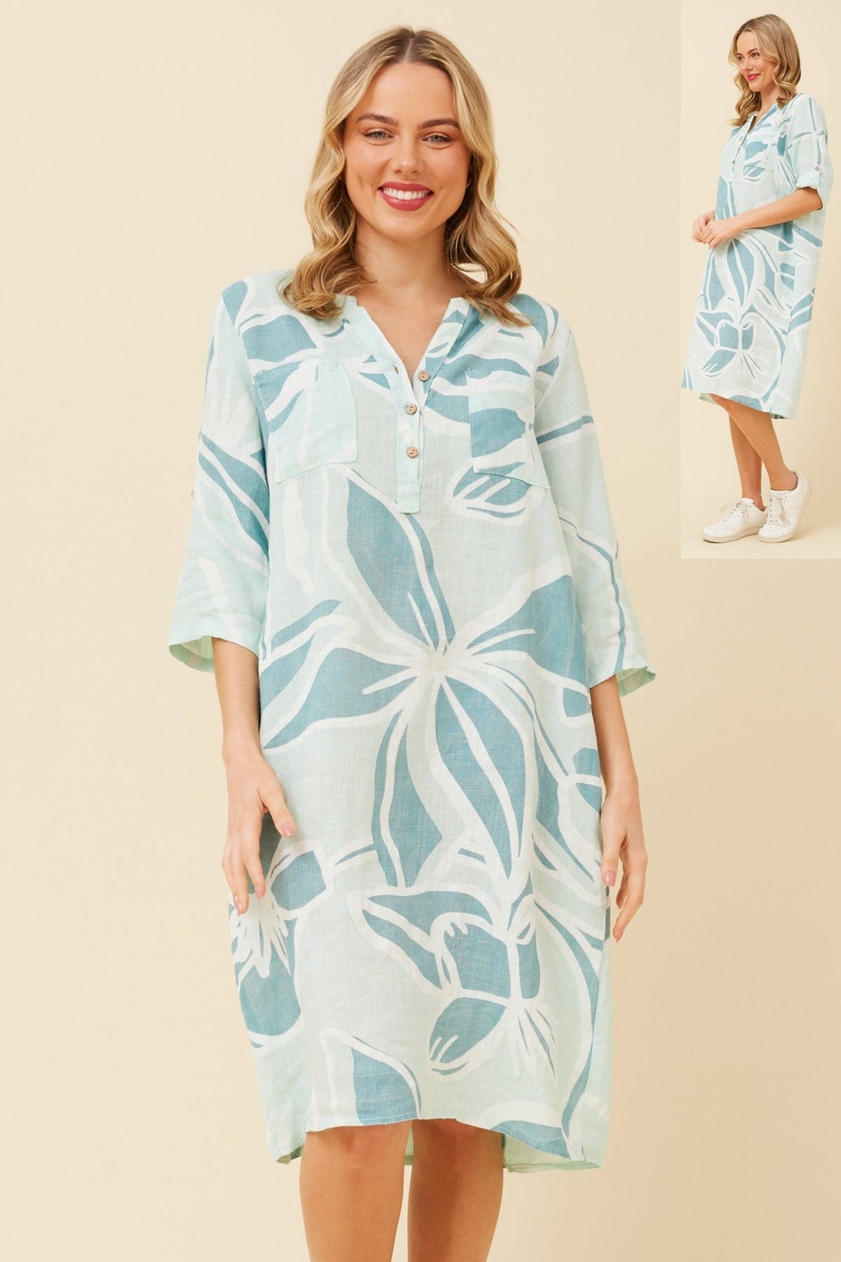 BOTTEGA MODA_QUARTER BUTTON LINEN DRESS BOLD GEO FLORAL _ QUARTER BUTTON LINEN DRESS BOLD GEO FLORAL _ Ebony Boutique NZ