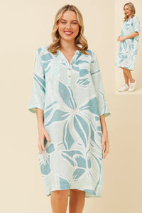 BOTTEGA MODA_QUARTER BUTTON LINEN DRESS BOLD GEO FLORAL _ QUARTER BUTTON LINEN DRESS BOLD GEO FLORAL _ Ebony Boutique NZ