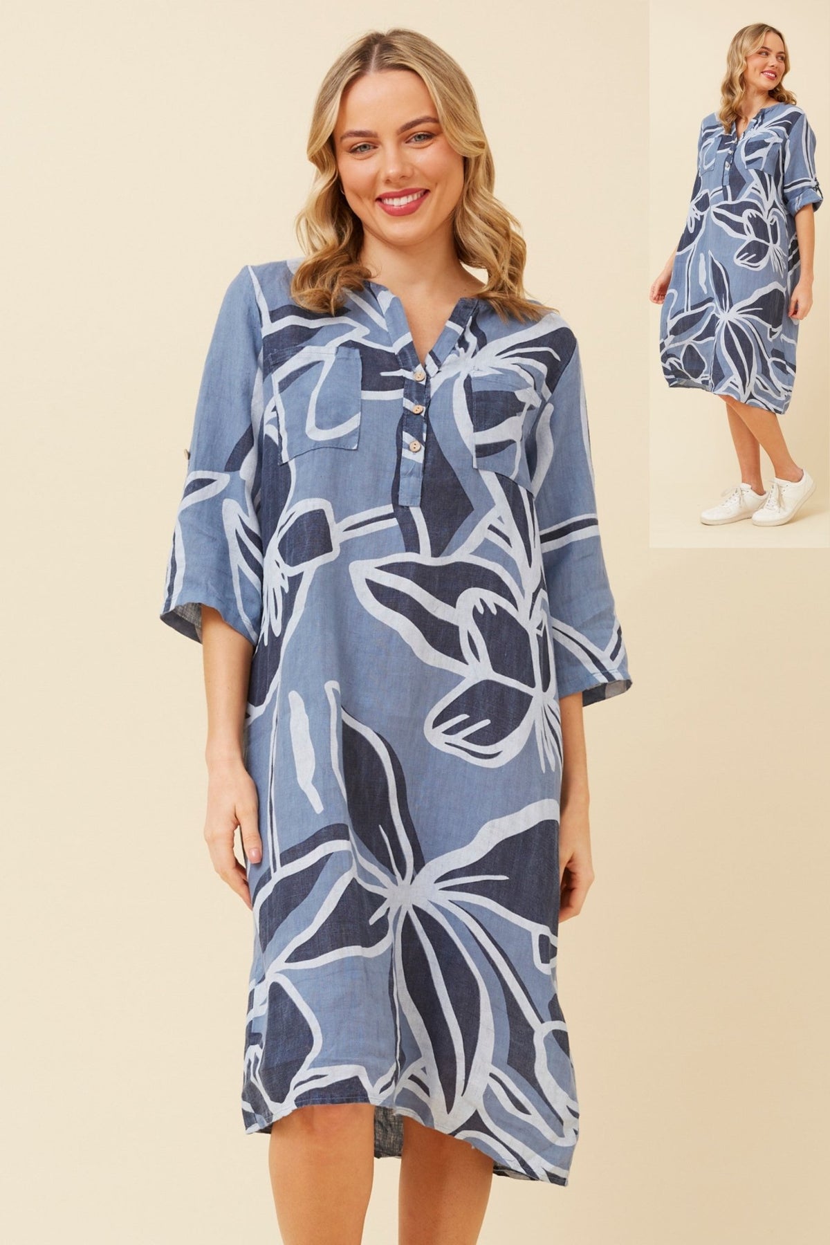 BOTTEGA MODA_QUARTER BUTTON LINEN DRESS BOLD GEO FLORAL _ QUARTER BUTTON LINEN DRESS BOLD GEO FLORAL _ Ebony Boutique NZ