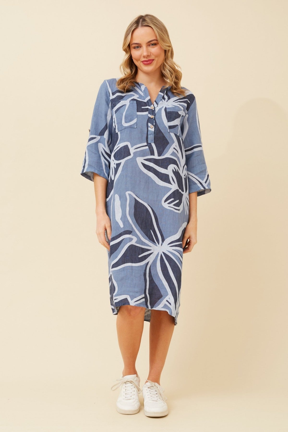 BOTTEGA MODA_QUARTER BUTTON LINEN DRESS BOLD GEO FLORAL _ QUARTER BUTTON LINEN DRESS BOLD GEO FLORAL _ Ebony Boutique NZ