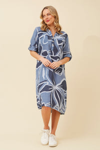 BOTTEGA MODA_QUARTER BUTTON LINEN DRESS BOLD GEO FLORAL _ QUARTER BUTTON LINEN DRESS BOLD GEO FLORAL _ Ebony Boutique NZ