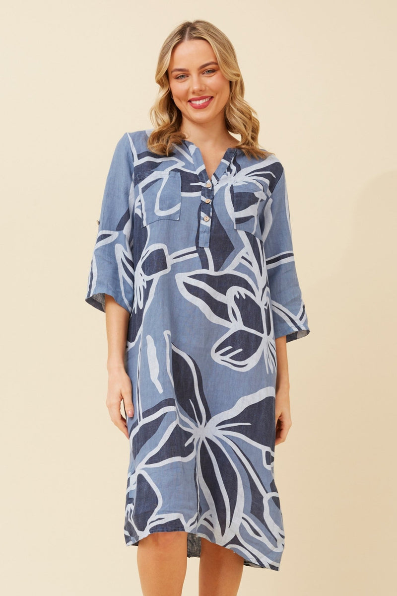 BOTTEGA MODA_QUARTER BUTTON LINEN DRESS BOLD GEO FLORAL _ QUARTER BUTTON LINEN DRESS BOLD GEO FLORAL _ Ebony Boutique NZ