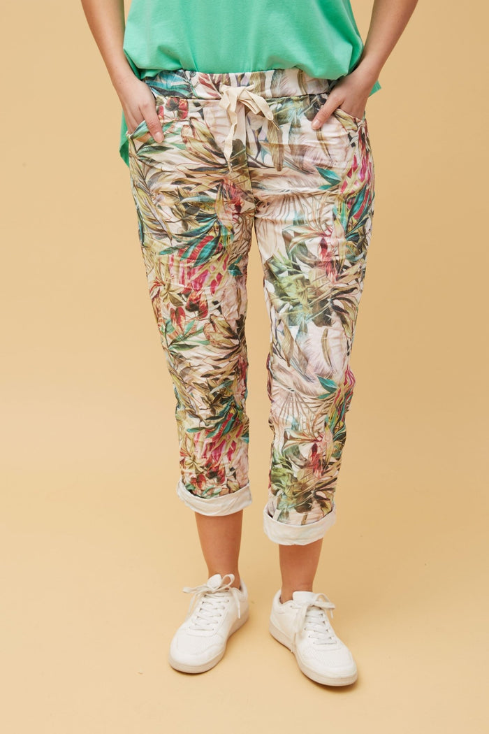 BOTTEGA MODA_STRETCH VISCOSE TIE WAIST JOGGER MULTI BEIGE _ STRETCH VISCOSE TIE WAIST JOGGER MULTI BEIGE _ Ebony Boutique NZ