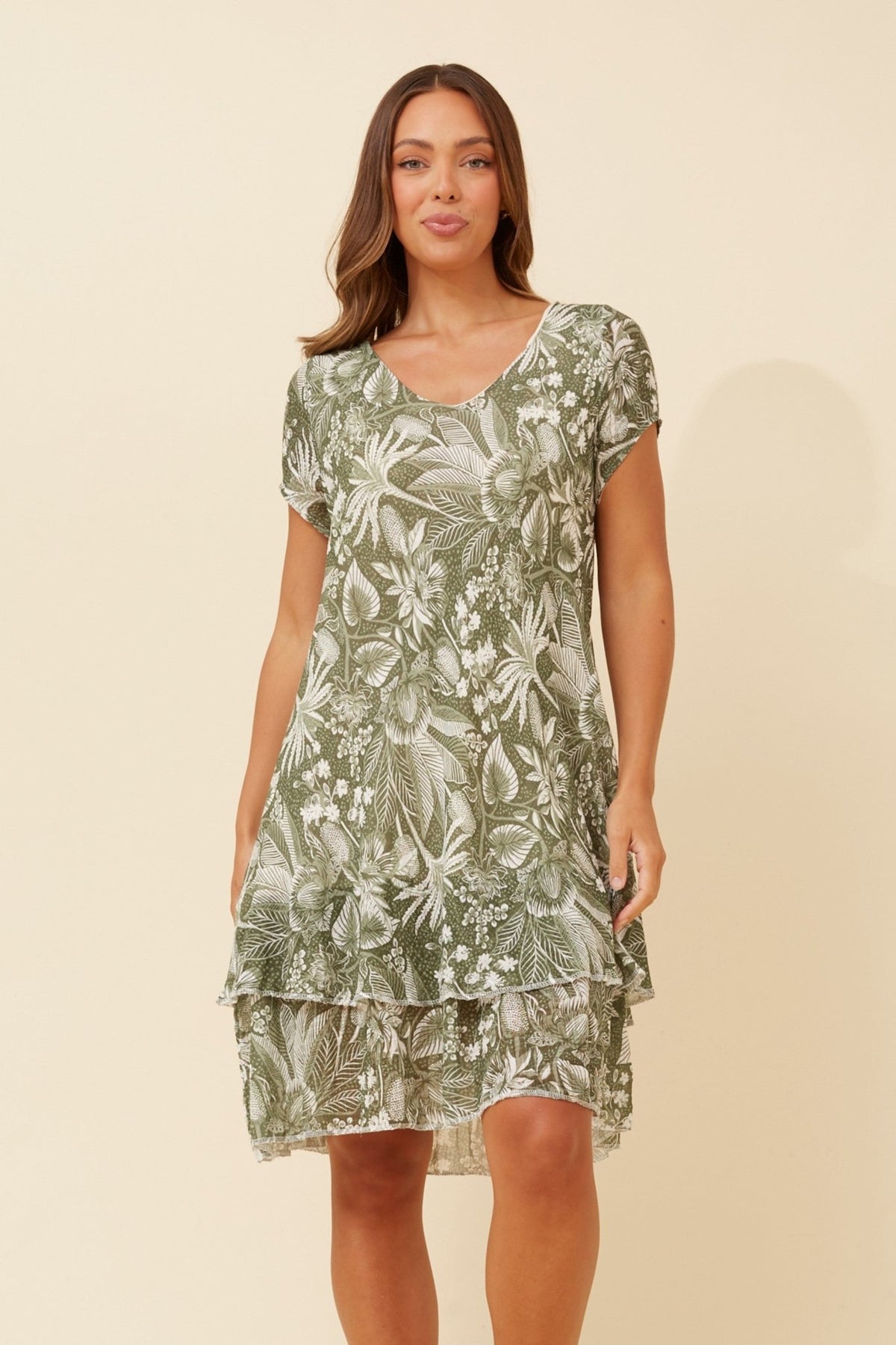 BOTTEGA MODA_V NECK COTTON VISCOSE LAYERED DRESS GREEN _ V NECK COTTON VISCOSE LAYERED DRESS GREEN _ Ebony Boutique NZ