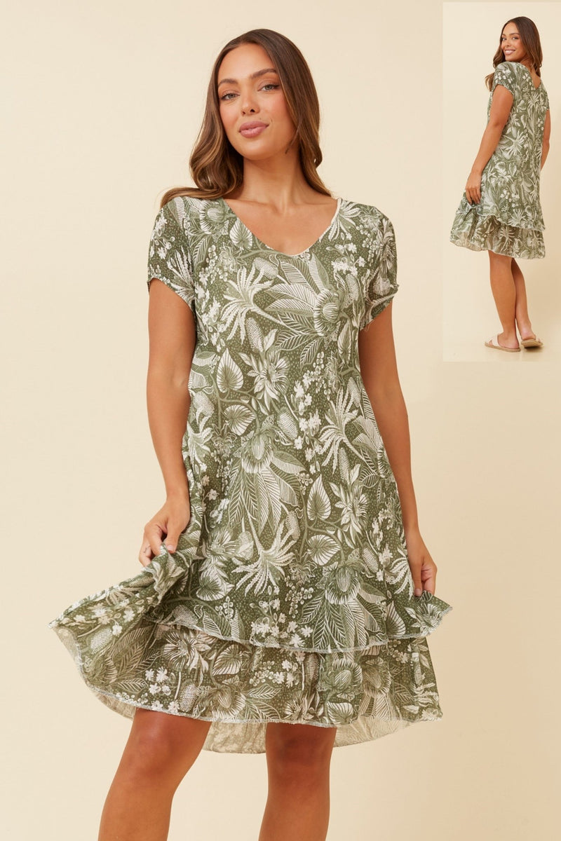 BOTTEGA MODA_V NECK COTTON VISCOSE LAYERED DRESS GREEN _ V NECK COTTON VISCOSE LAYERED DRESS GREEN _ Ebony Boutique NZ