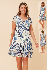 BOTTEGA MODA_V NECK COTTON VISCOSE LAYERED LEAF PRINT DRESS BLUE/IVORY _ V NECK COTTON VISCOSE LAYERED LEAF PRINT DRESS BLUE/IVORY _ Ebony Boutique NZ