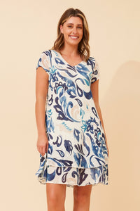 BOTTEGA MODA_V NECK COTTON VISCOSE LAYERED LEAF PRINT DRESS BLUE/IVORY _ V NECK COTTON VISCOSE LAYERED LEAF PRINT DRESS BLUE/IVORY _ Ebony Boutique NZ