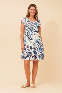 BOTTEGA MODA_V NECK COTTON VISCOSE LAYERED LEAF PRINT DRESS BLUE/IVORY _ V NECK COTTON VISCOSE LAYERED LEAF PRINT DRESS BLUE/IVORY _ Ebony Boutique NZ