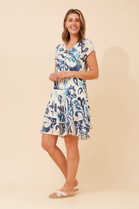 BOTTEGA MODA_V NECK COTTON VISCOSE LAYERED LEAF PRINT DRESS BLUE/IVORY _ V NECK COTTON VISCOSE LAYERED LEAF PRINT DRESS BLUE/IVORY _ Ebony Boutique NZ