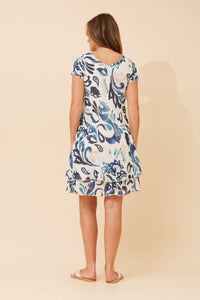 BOTTEGA MODA_V NECK COTTON VISCOSE LAYERED LEAF PRINT DRESS BLUE/IVORY _ V NECK COTTON VISCOSE LAYERED LEAF PRINT DRESS BLUE/IVORY _ Ebony Boutique NZ