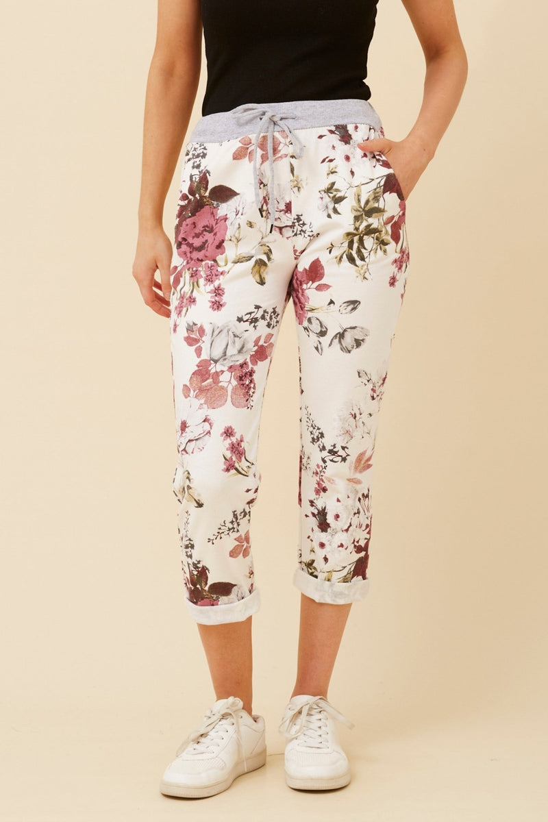 BOTTEGA MODA_WHITE FLORAL COTTON JERSEY WAIST JOGGER _ WHITE FLORAL COTTON JERSEY WAIST JOGGER _ Ebony Boutique NZ