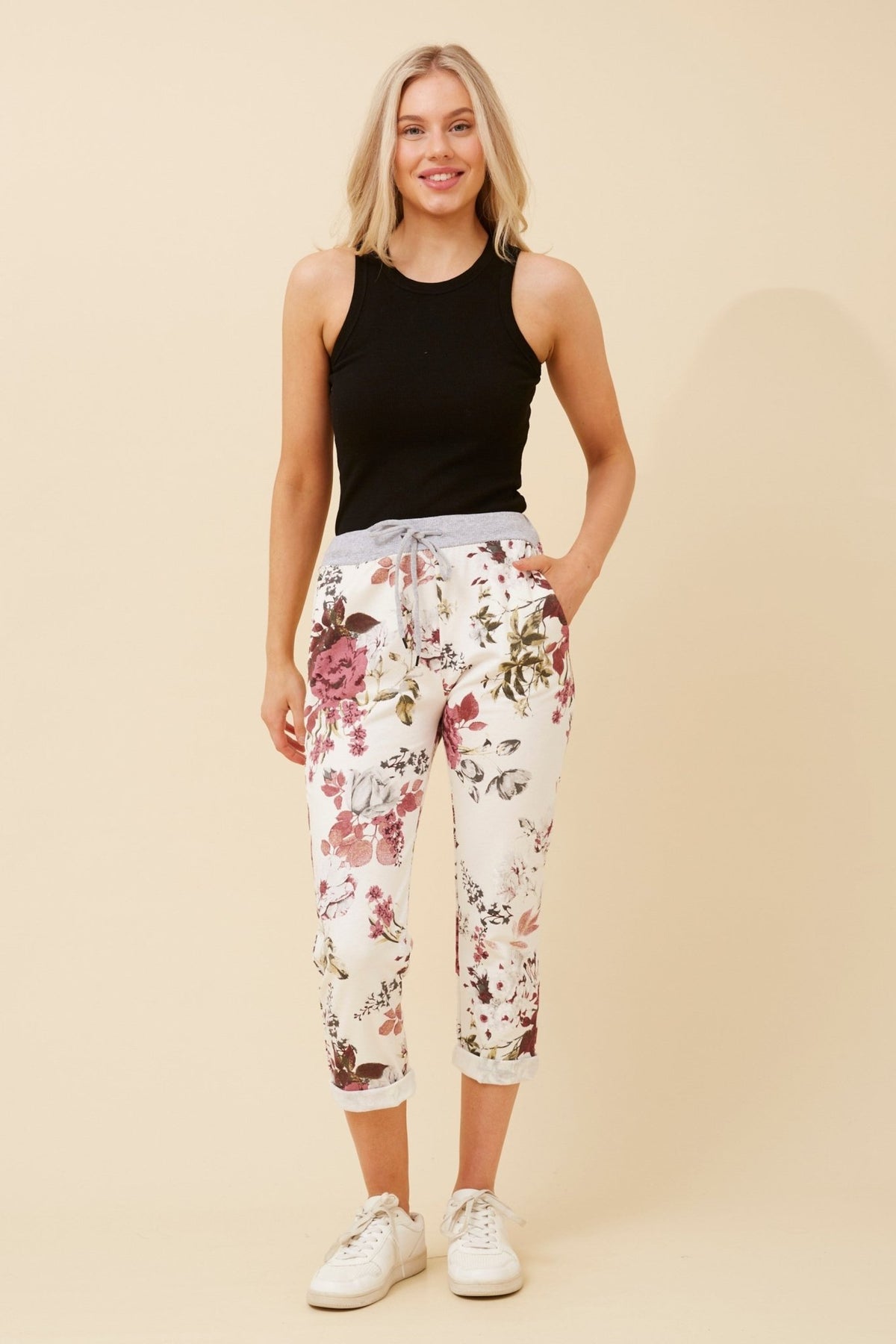 BOTTEGA MODA_WHITE FLORAL COTTON JERSEY WAIST JOGGER _ WHITE FLORAL COTTON JERSEY WAIST JOGGER _ Ebony Boutique NZ