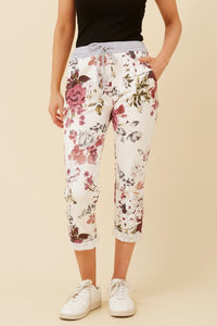 BOTTEGA MODA_WHITE FLORAL COTTON JERSEY WAIST JOGGER _ WHITE FLORAL COTTON JERSEY WAIST JOGGER _ Ebony Boutique NZ