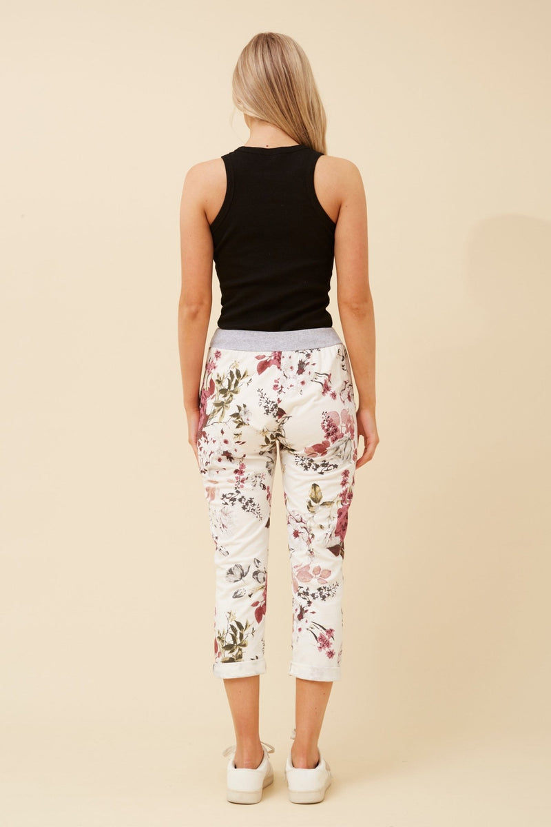 BOTTEGA MODA_WHITE FLORAL COTTON JERSEY WAIST JOGGER _ WHITE FLORAL COTTON JERSEY WAIST JOGGER _ Ebony Boutique NZ