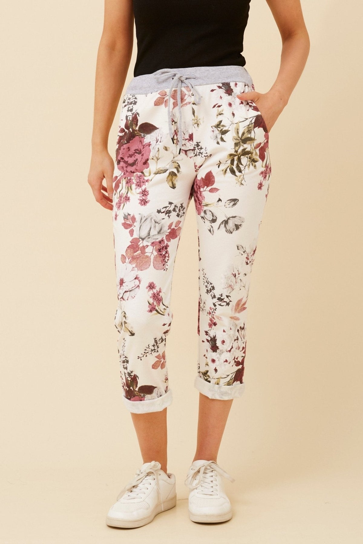 WHITE FLORAL COTTON JERSEY WAIST JOGGER_by_BOTTEGA MODA_women's_in_New Zealand_ BOTTEGA MODA_WHITE FLORAL COTTON JERSEY WAIST JOGGER _ WHITE FLORAL COTTON JERSEY WAIST JOGGER _ Ebony Boutique NZ _