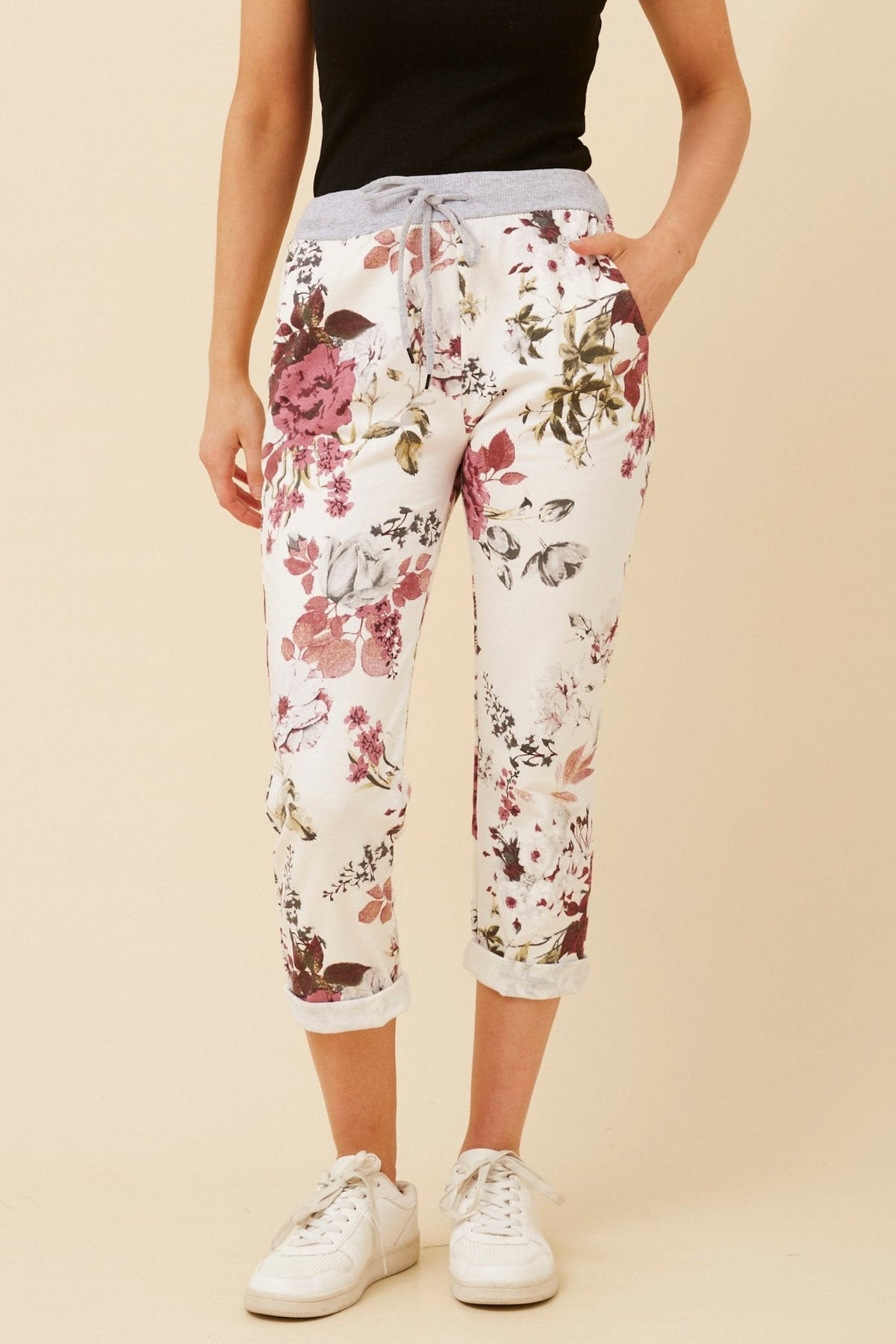 WHITE FLORAL COTTON JERSEY WAIST JOGGER_by_BOTTEGA MODA_women's_in_New Zealand_ BOTTEGA MODA_WHITE FLORAL COTTON JERSEY WAIST JOGGER _ WHITE FLORAL COTTON JERSEY WAIST JOGGER _ Ebony Boutique NZ _